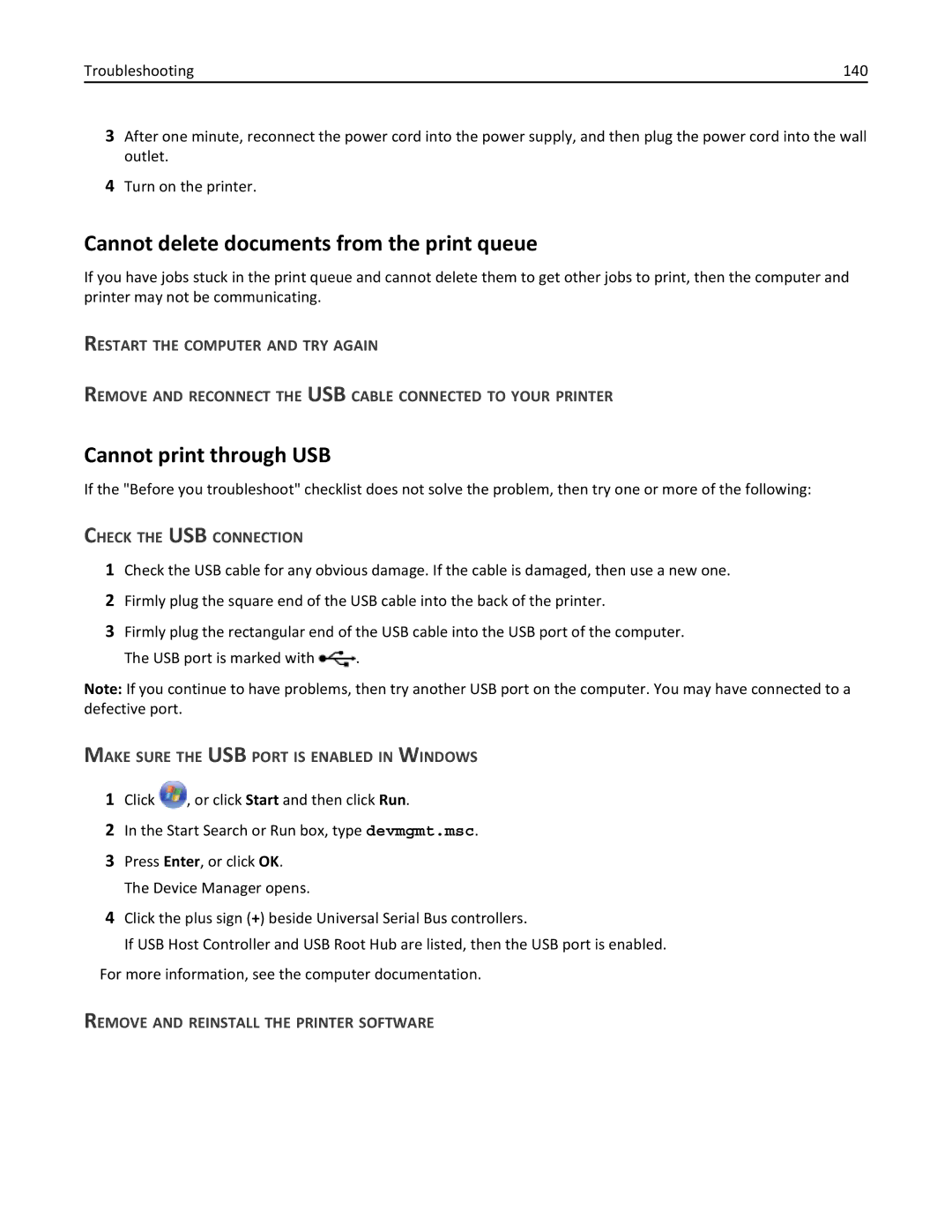 Lexmark 20E, 200 manual Cannot delete documents from the print queue, Cannot print through USB 