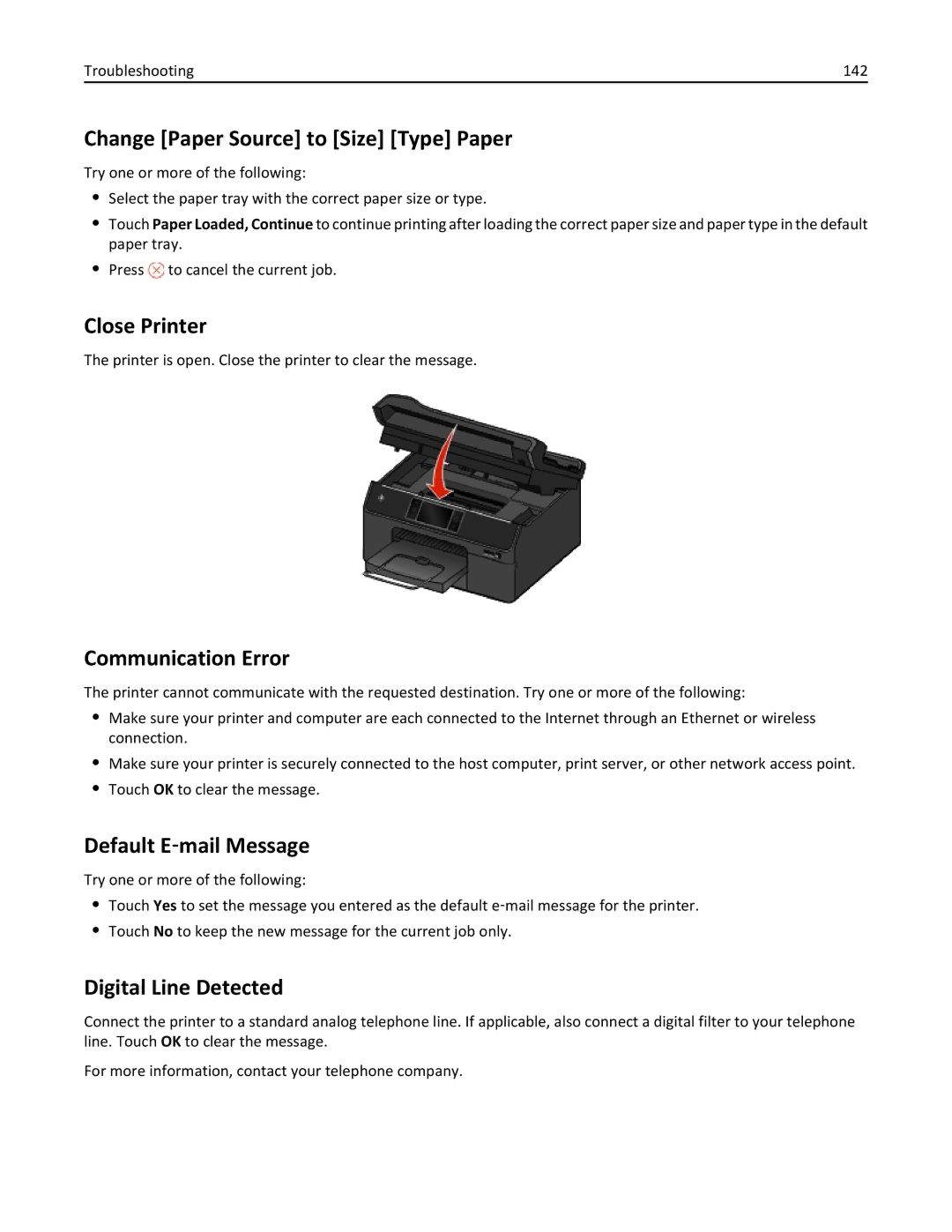 Lexmark 20E, 200 manual Change Paper Source to Size Type Paper, Close Printer, Communication Error, Default E‑mail Message 