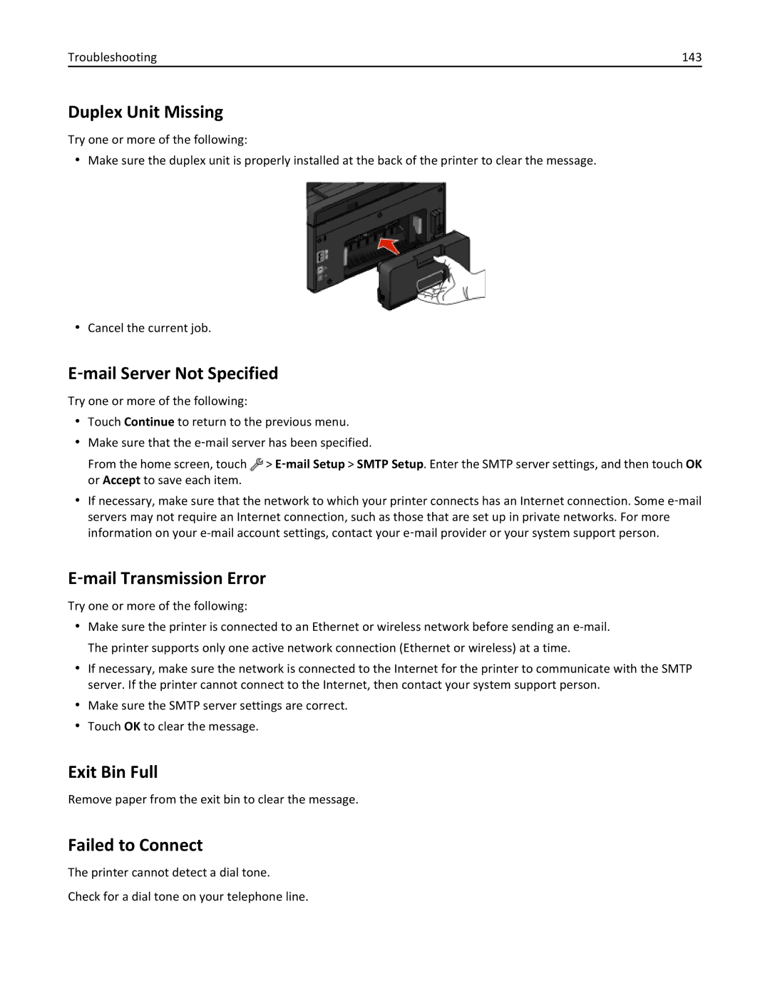 Lexmark 200 Duplex Unit Missing, ‑mail Server Not Specified, ‑mail Transmission Error, Exit Bin Full, Failed to Connect 