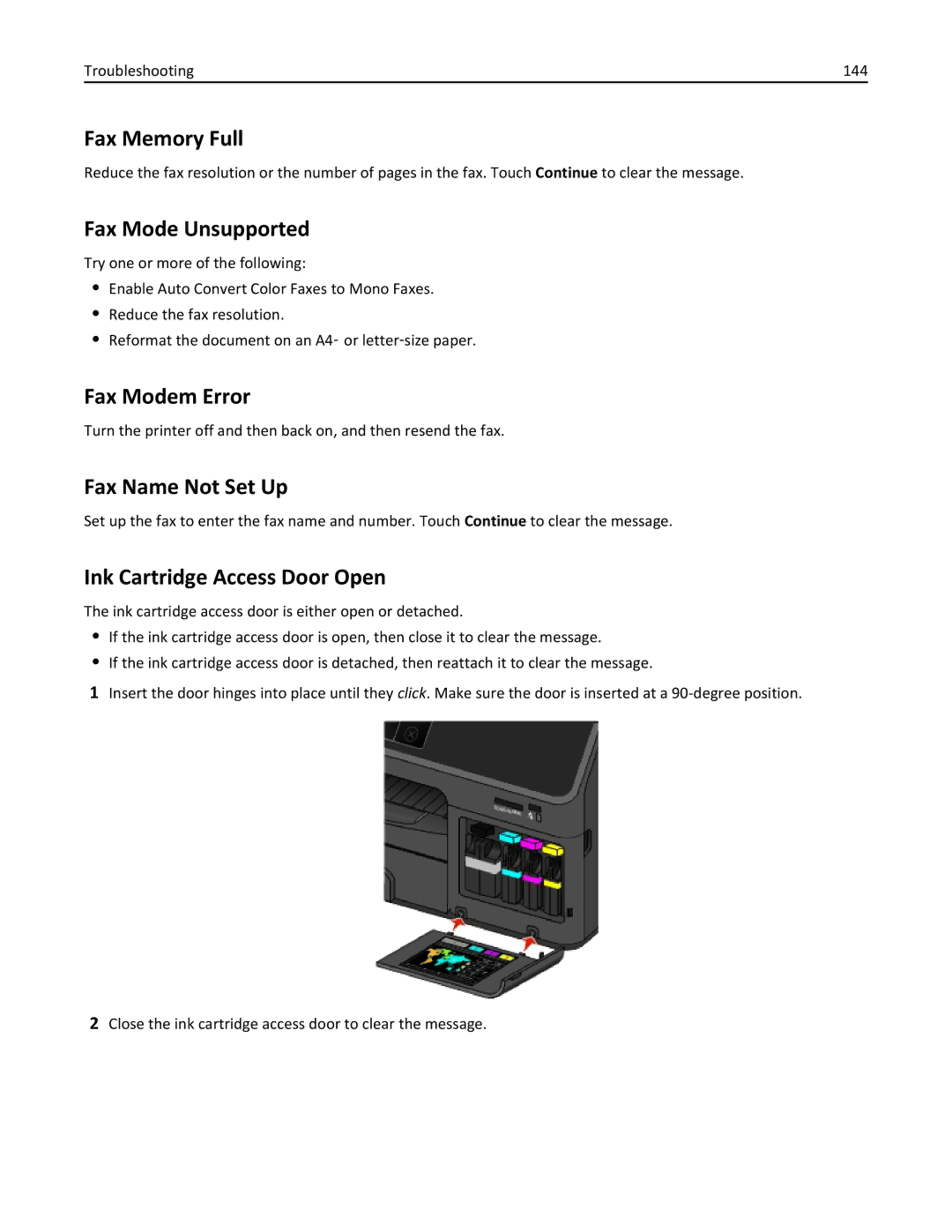 Lexmark 20E Fax Memory Full, Fax Mode Unsupported, Fax Modem Error, Fax Name Not Set Up, Ink Cartridge Access Door Open 