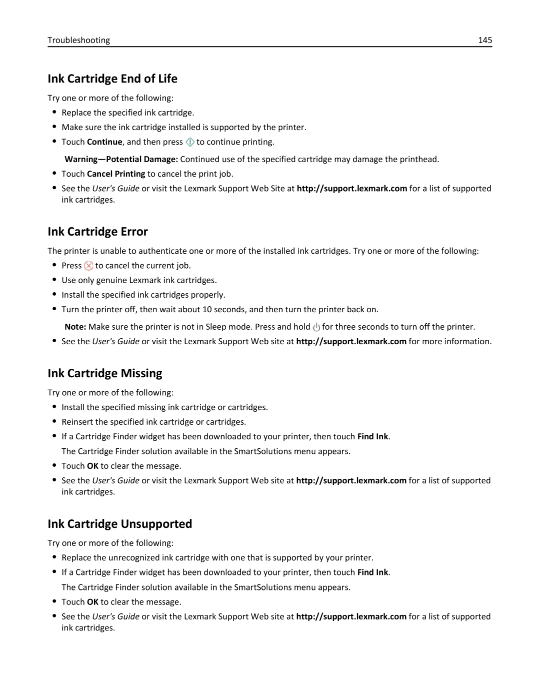 Lexmark 200, 20E manual Ink Cartridge End of Life, Ink Cartridge Error, Ink Cartridge Missing, Ink Cartridge Unsupported 