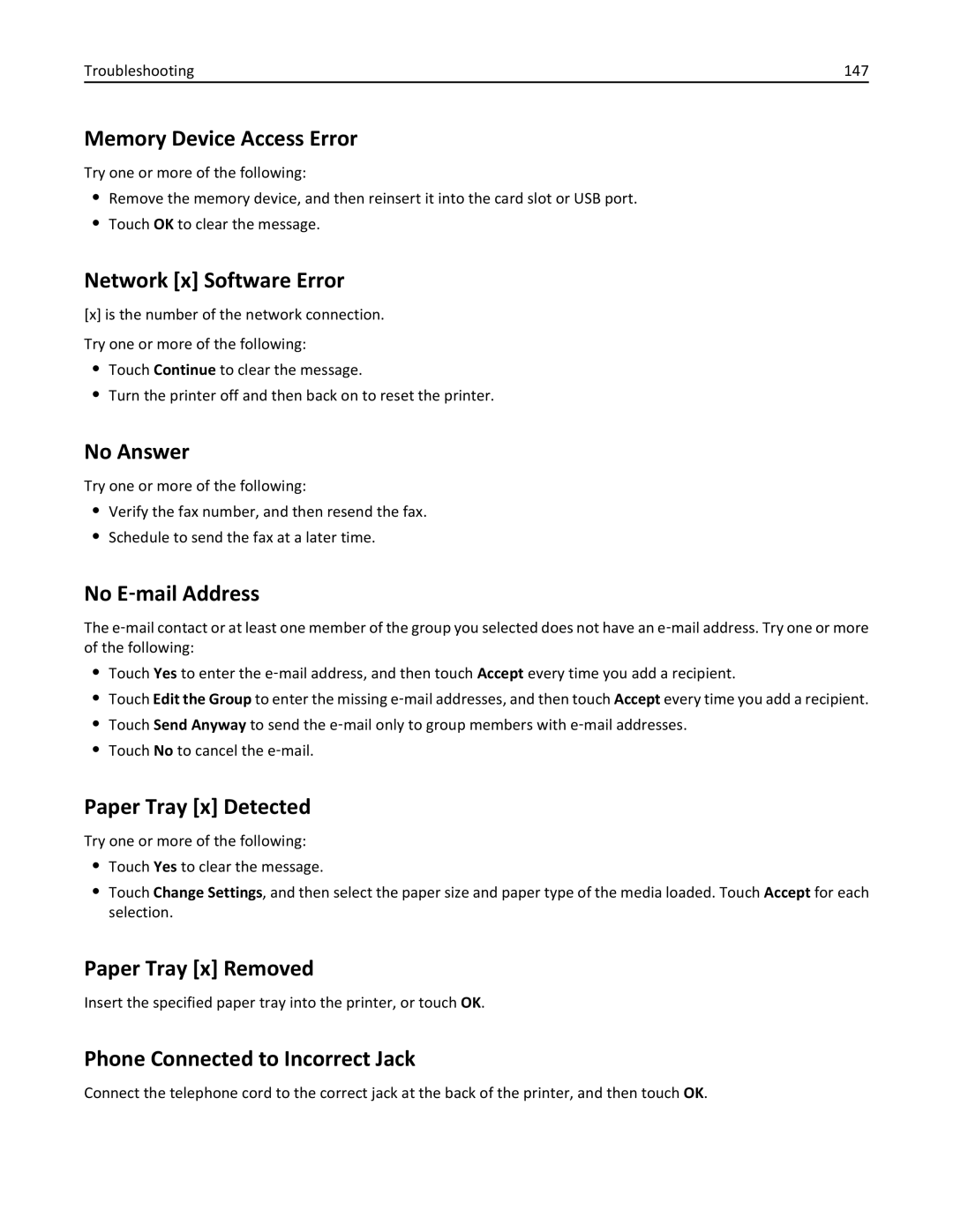 Lexmark 200, 20E Memory Device Access Error, Network x Software Error, No Answer, No E‑mail Address, Paper Tray x Detected 