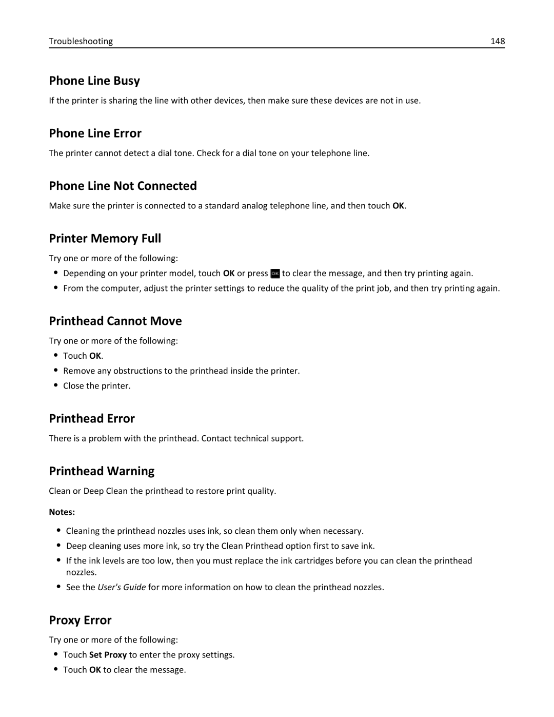 Lexmark 20E, 200 Phone Line Busy, Phone Line Error, Phone Line Not Connected, Printer Memory Full, Printhead Cannot Move 