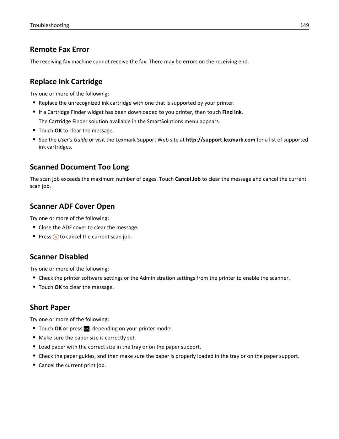 Lexmark 200 Remote Fax Error, Replace Ink Cartridge, Scanned Document Too Long, Scanner ADF Cover Open, Scanner Disabled 