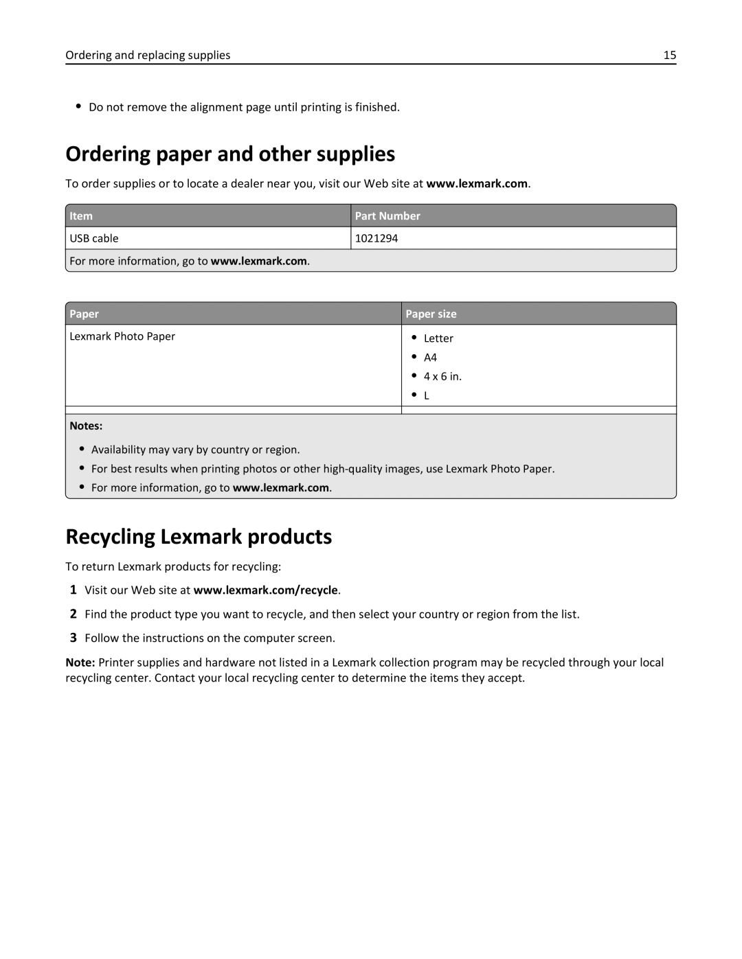 Lexmark 200, 20E manual Ordering paper and other supplies, Recycling Lexmark products, Part Number, Paper size 