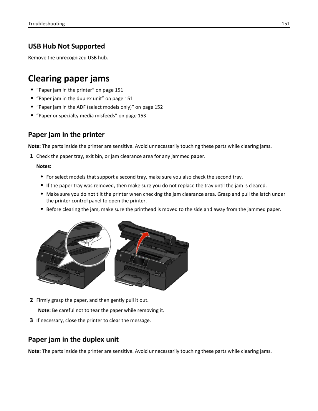 Lexmark 200, 20E manual Clearing paper jams, USB Hub Not Supported, Paper jam in the printer, Paper jam in the duplex unit 