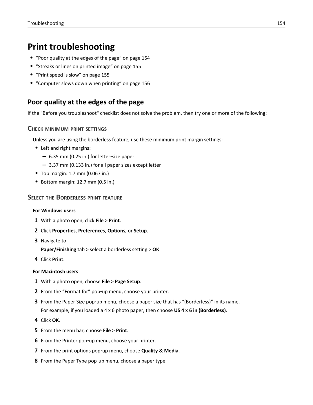 Lexmark 20E, 200 manual Print troubleshooting, Poor quality at the edges, Check Minimum Print Settings 