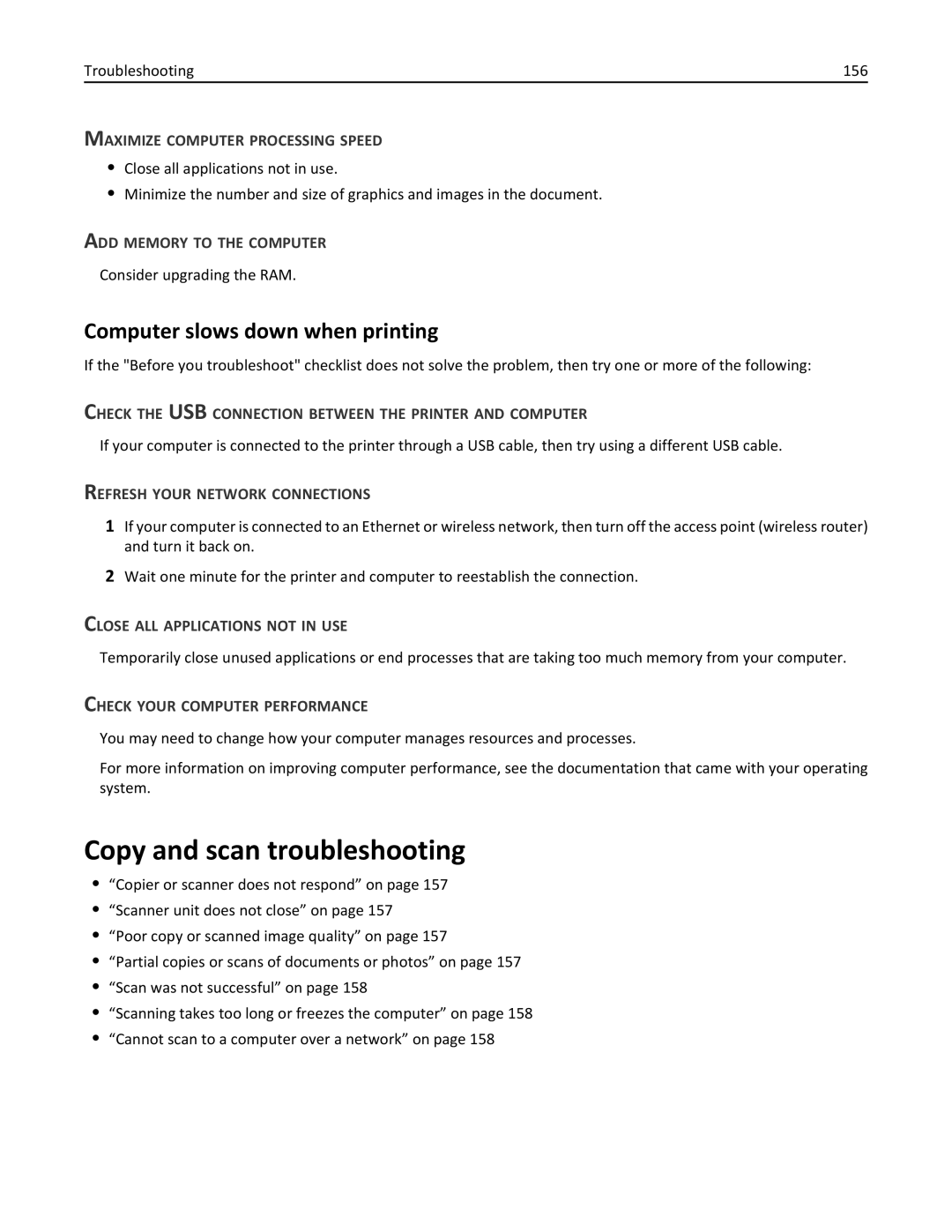 Lexmark 20E, 200 manual Copy and scan troubleshooting, Computer slows down when printing 