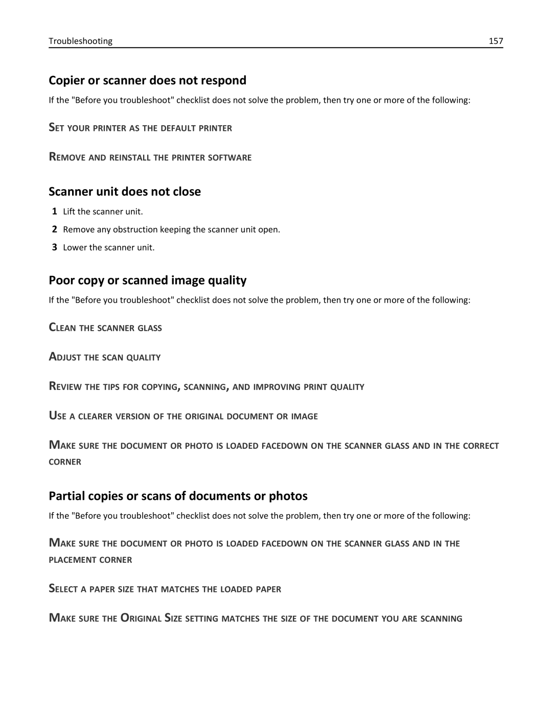 Lexmark 200, 20E manual Copier or scanner does not respond, Scanner unit does not close, Poor copy or scanned image quality 