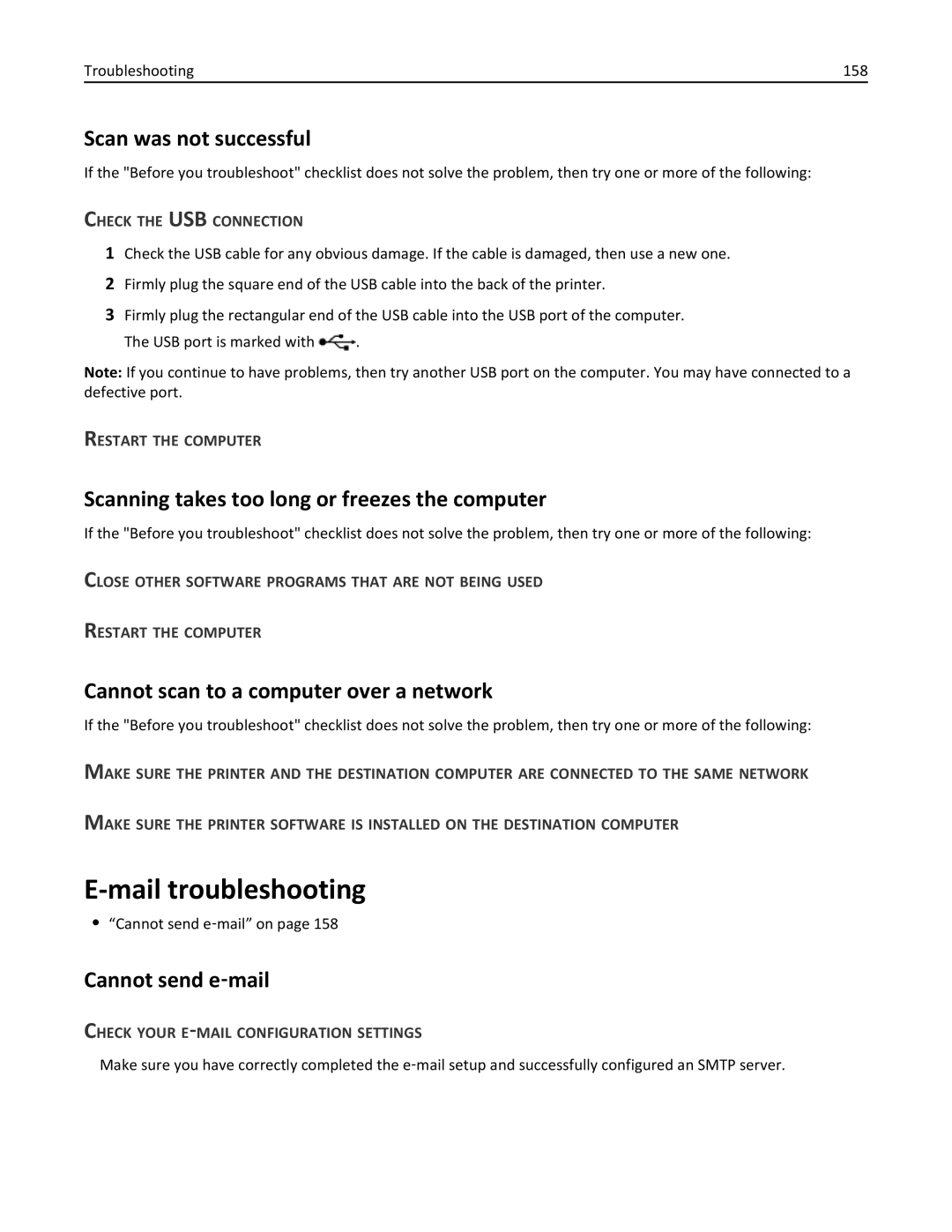 Lexmark 20E, 200 manual Mail troubleshooting, Scan was not successful, Scanning takes too long or freezes the computer 