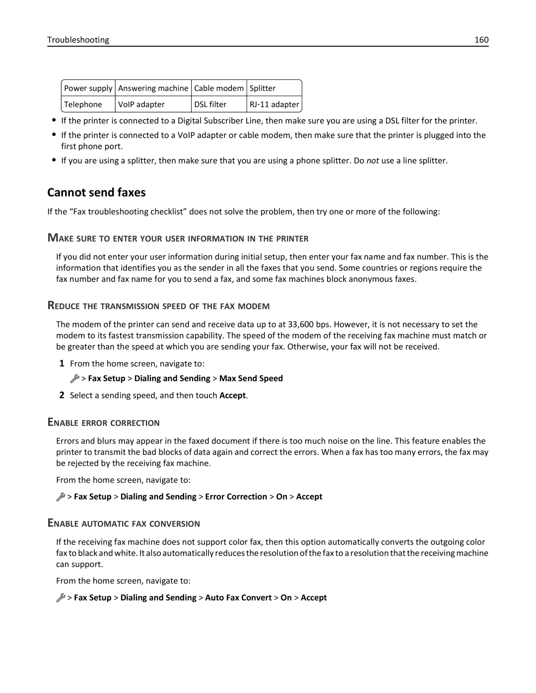 Lexmark 20E, 200 manual Cannot send faxes, Make Sure to Enter Your User Information in the Printer, Enable Error Correction 