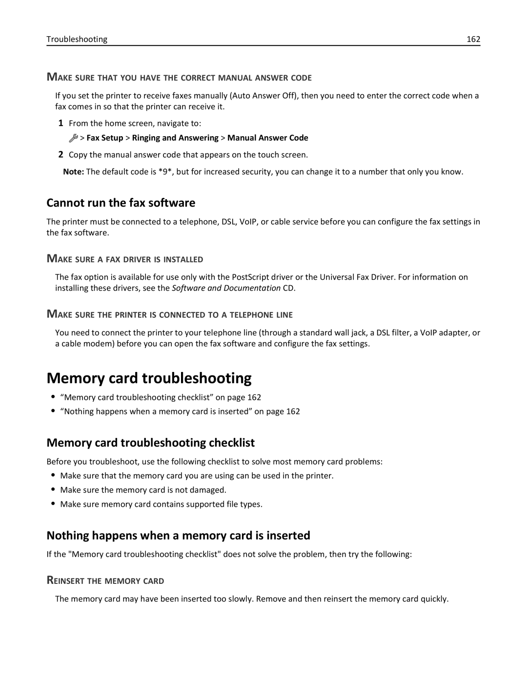 Lexmark 20E, 200 manual Cannot run the fax software, Memory card troubleshooting checklist 