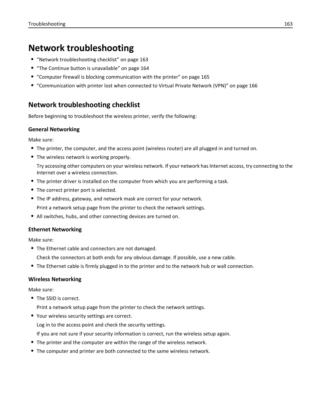 Lexmark 200, 20E manual Network troubleshooting checklist, General Networking, Ethernet Networking, Wireless Networking 