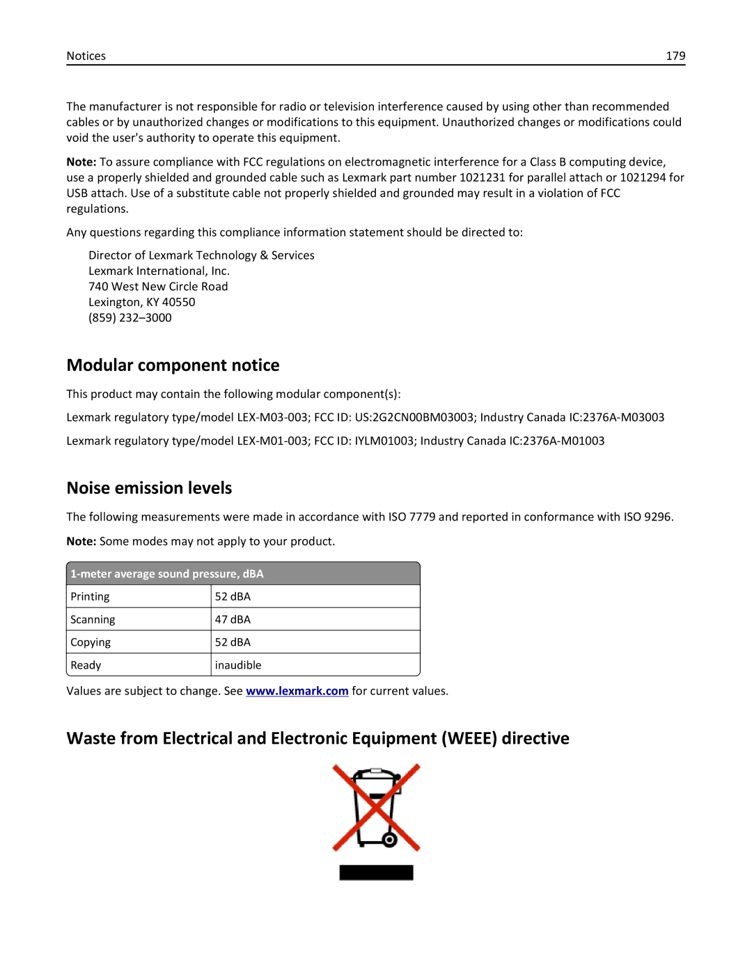 Lexmark 200, 20E manual Modular component notice, Noise emission levels, Meter average sound pressure, dBA 