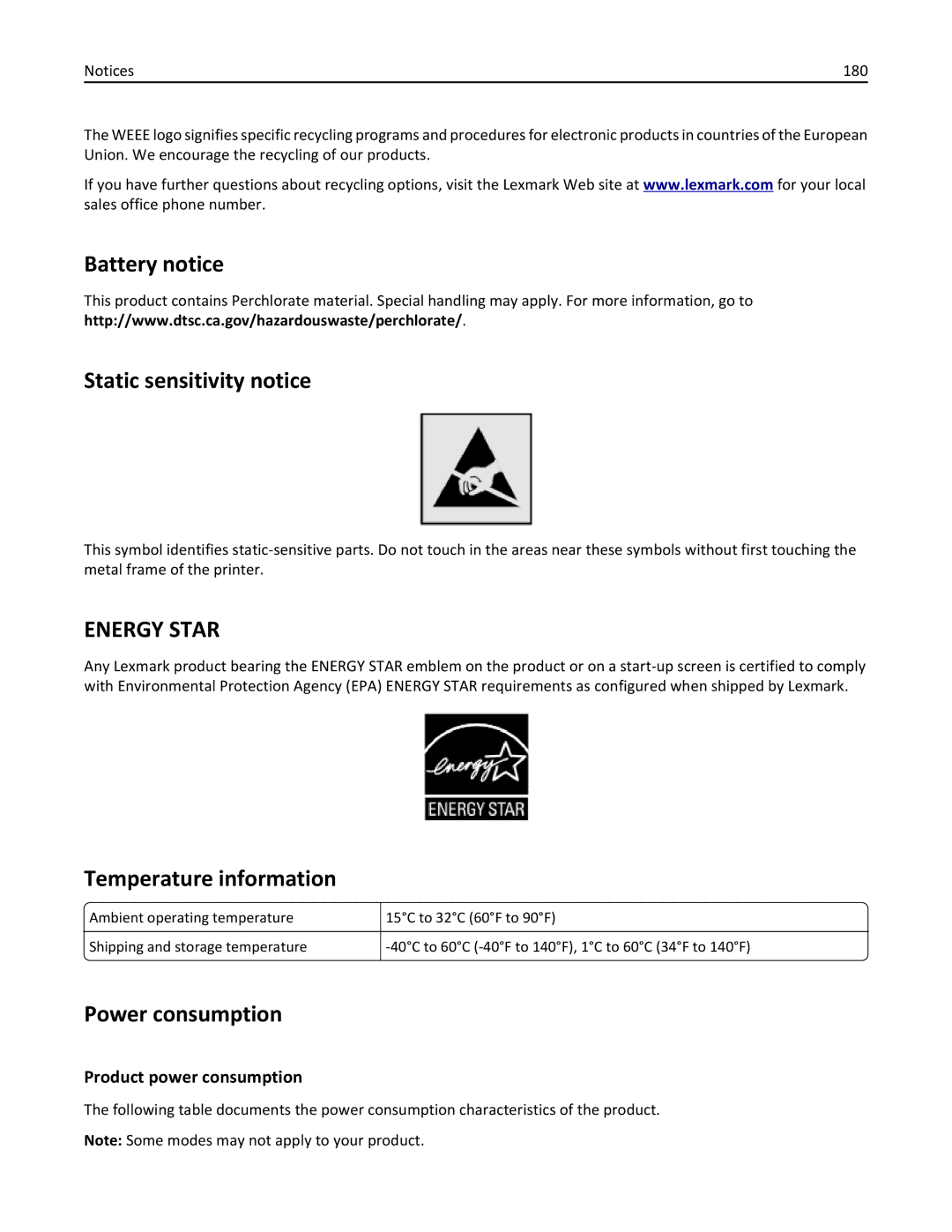 Lexmark 20E, 200 manual Battery notice Static sensitivity notice, Temperature information, Power consumption 