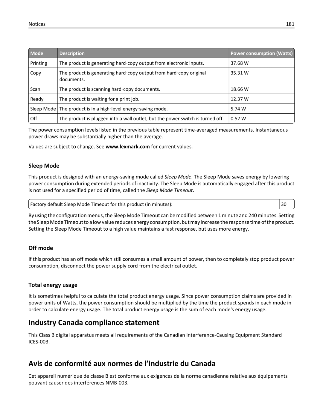 Lexmark 200, 20E Industry Canada compliance statement, Avis de conformité aux normes de l’industrie du Canada, Sleep Mode 