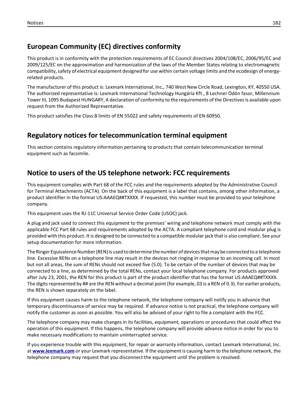 Lexmark 20E, 200 European Community EC directives conformity, Regulatory notices for telecommunication terminal equipment 