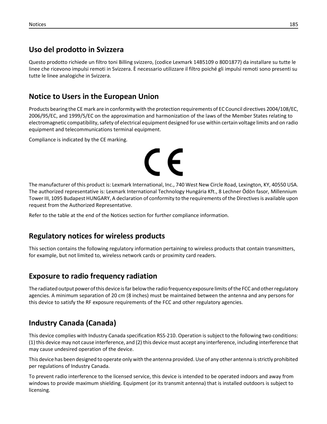 Lexmark 200 Uso del prodotto in Svizzera, Regulatory notices for wireless products, Exposure to radio frequency radiation 