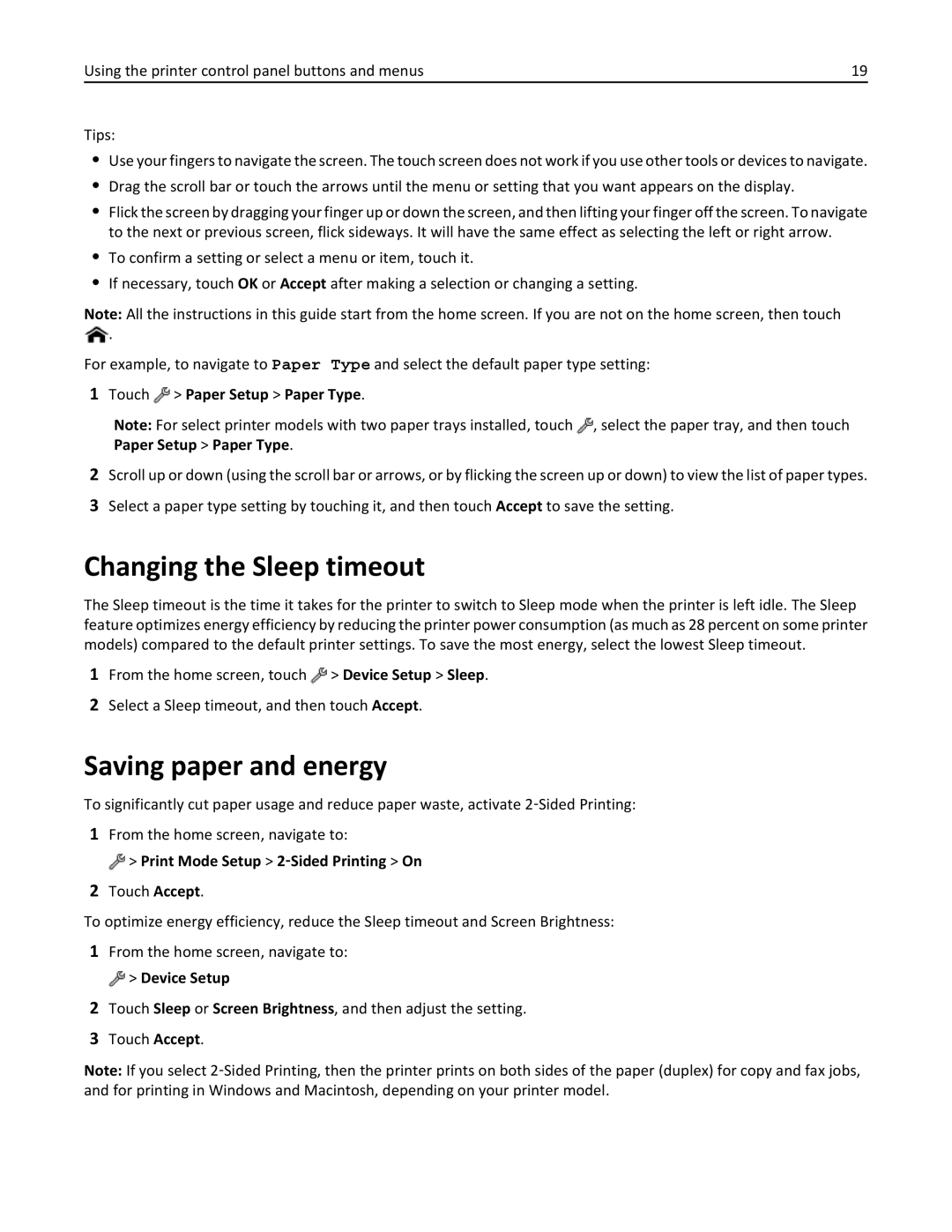 Lexmark 200, 20E manual Changing the Sleep timeout, Saving paper and energy, Touch Paper Setup Paper Type 