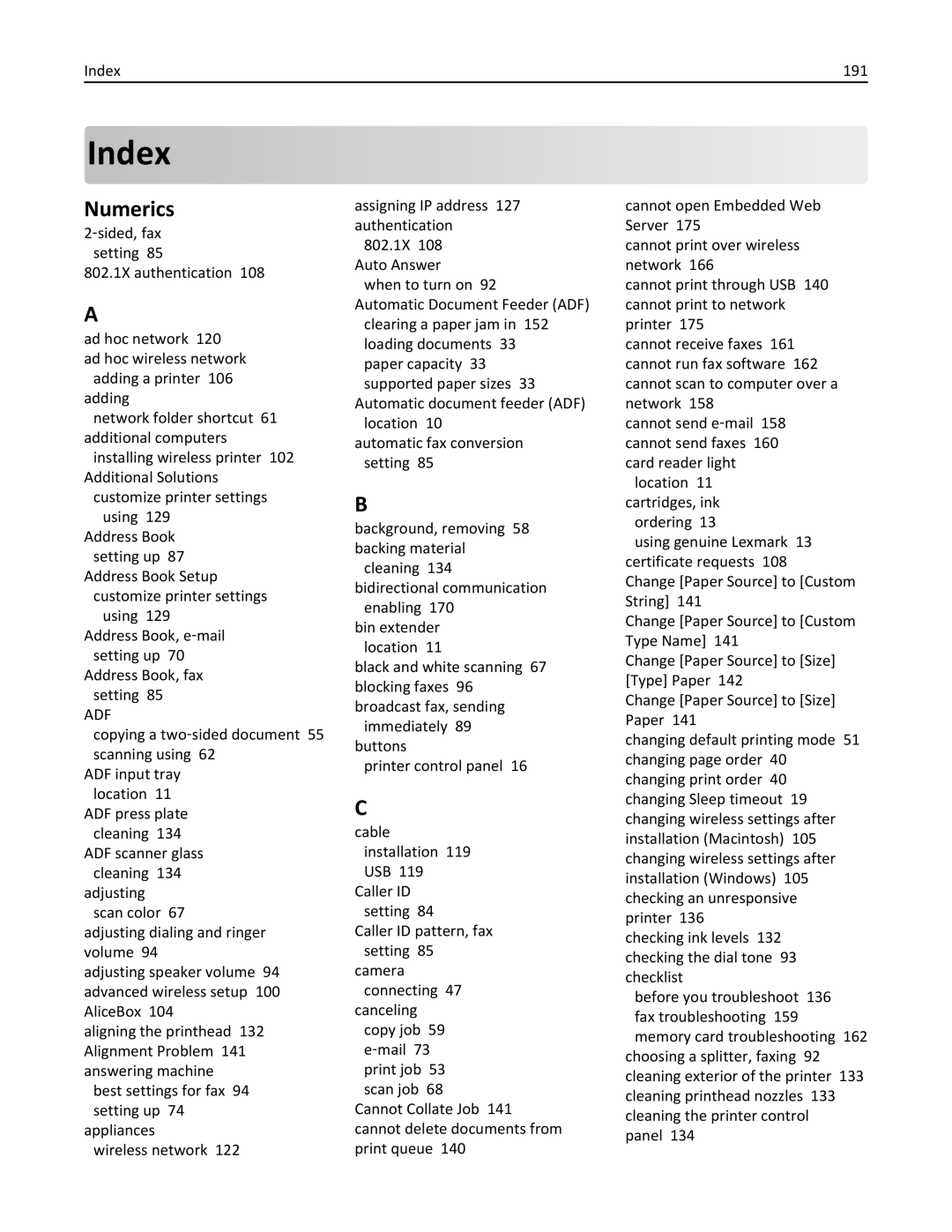 Lexmark 200, 20E manual Index, Numerics 