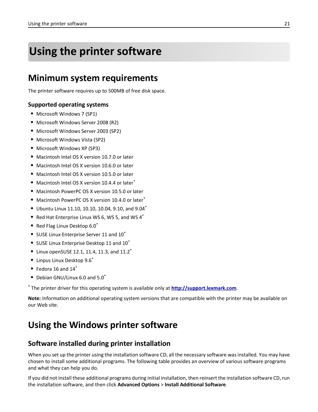 Lexmark 200, 20E manual Using the printer software, Minimum system requirements, Using the Windows printer software 