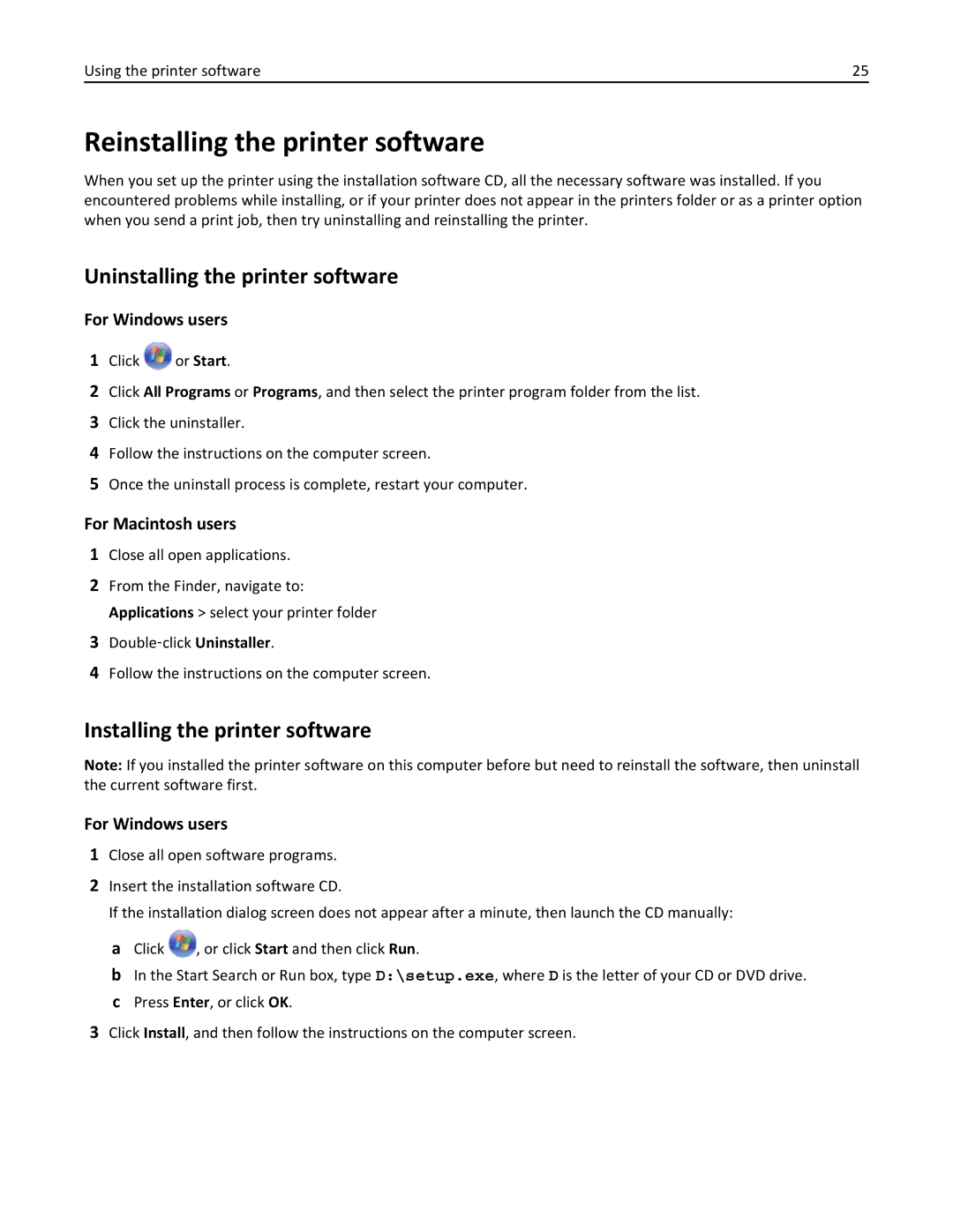 Lexmark 200, 20E Reinstalling the printer software, Uninstalling the printer software, Installing the printer software 