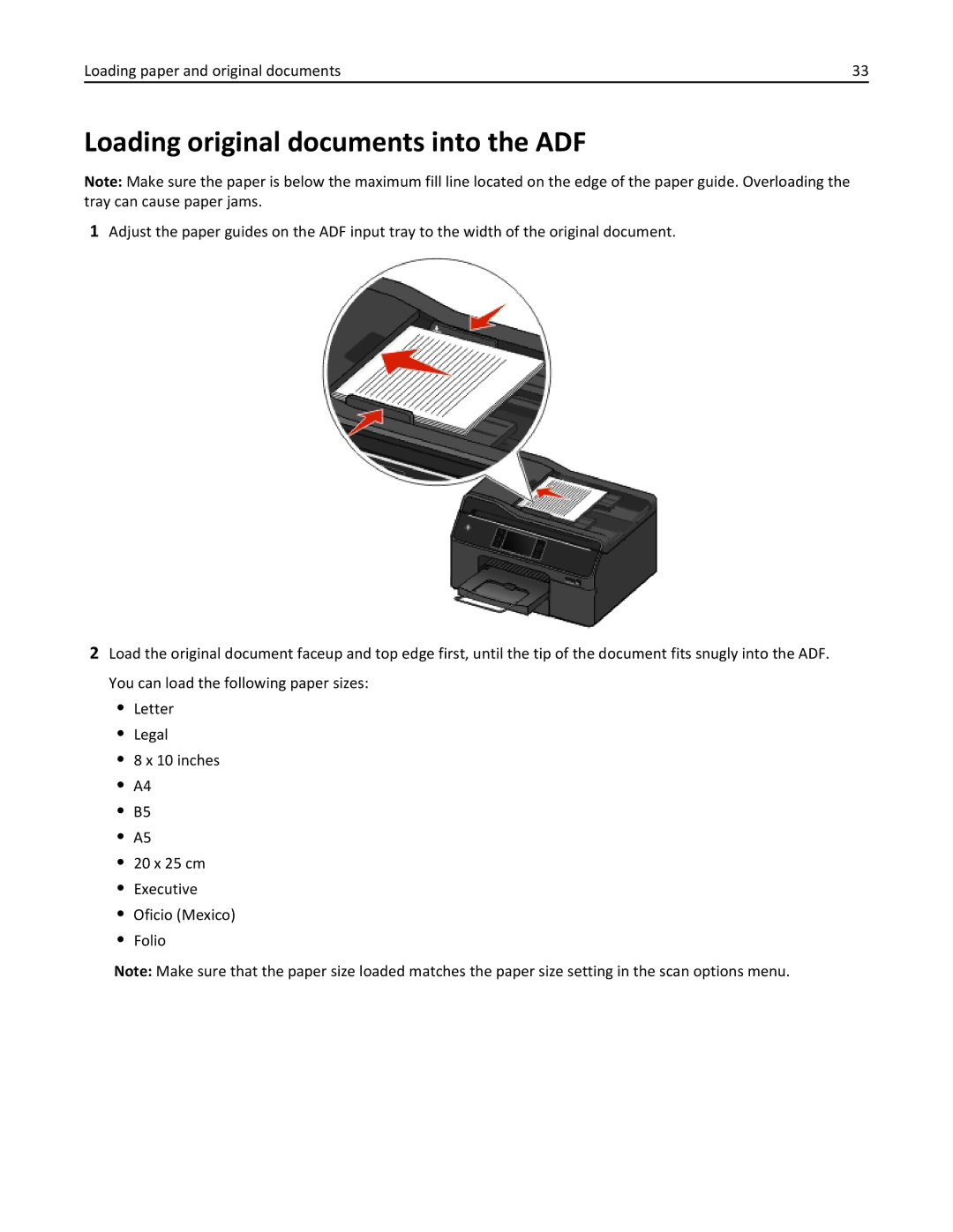 Lexmark 200, 20E manual Loading original documents into the ADF 