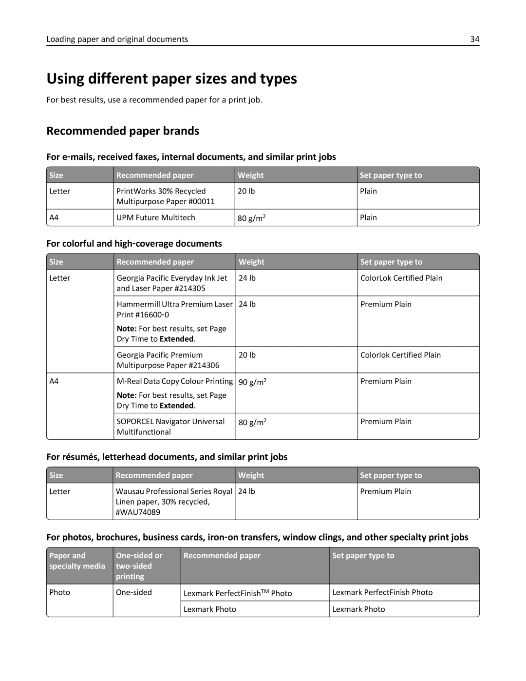 Lexmark 20E, 200 Using different paper sizes and types, Recommended paper brands, For colorful and high‑coverage documents 