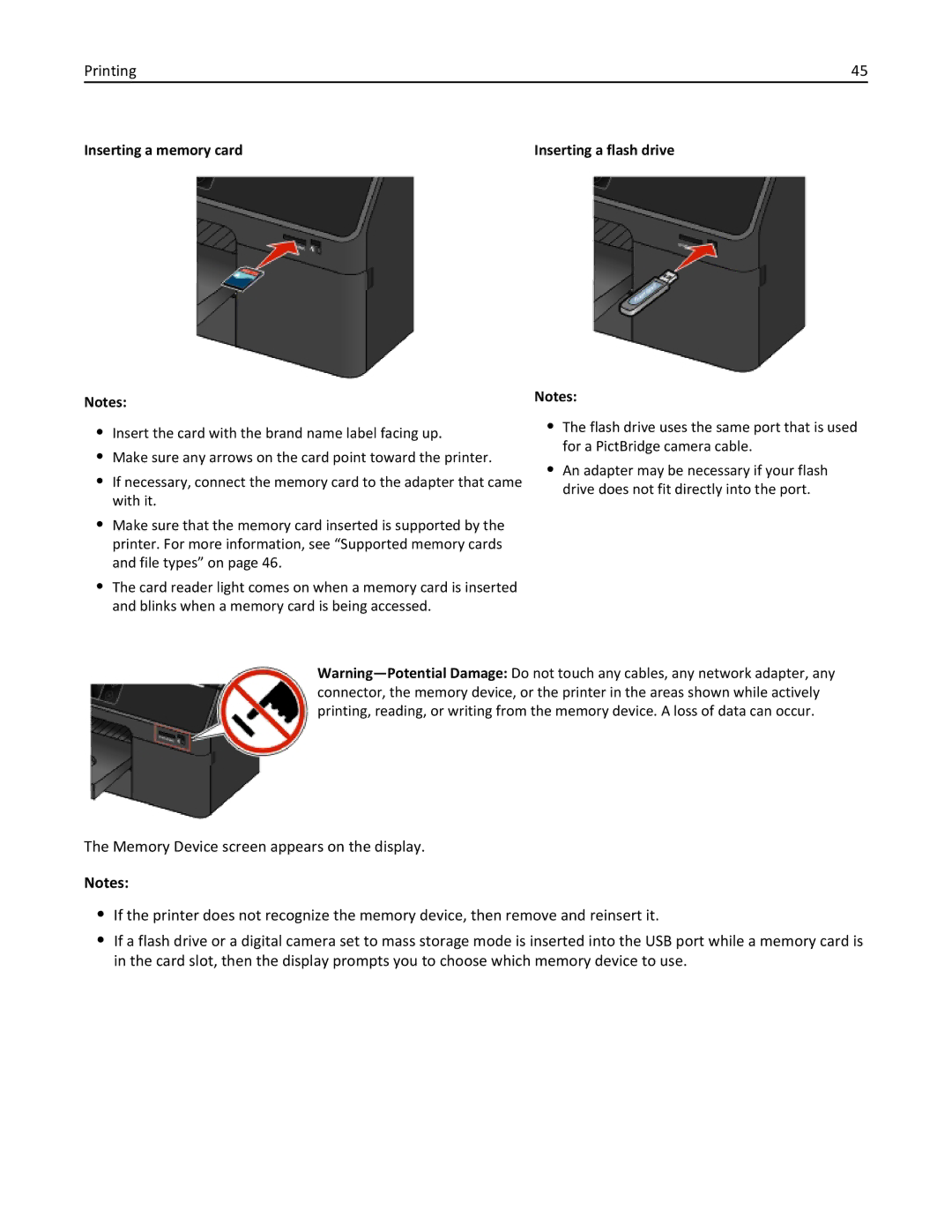 Lexmark 200, 20E manual Inserting a memory card Inserting a flash drive 