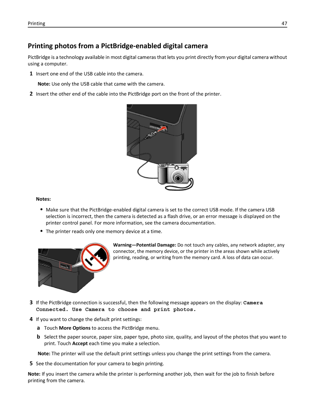 Lexmark 200 Printing photos from a PictBridge-enabled digital camera, Connected. Use Camera to choose and print photos 