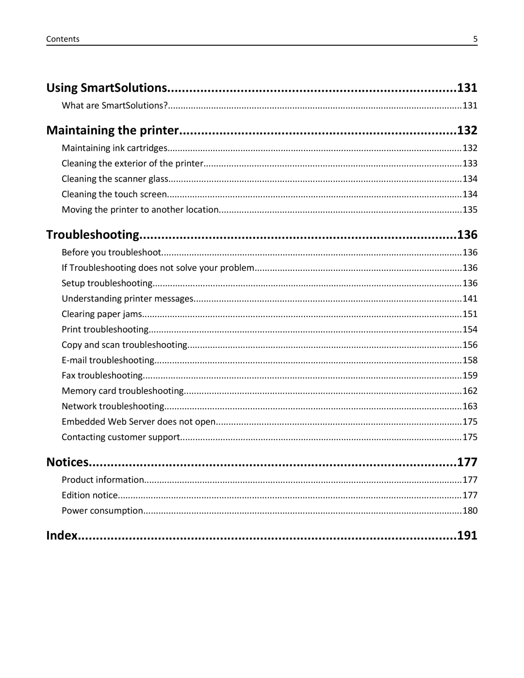 Lexmark 200, 20E manual Using SmartSolutions 131, Maintaining the printer 132, Troubleshooting 136, 177, Index 191 