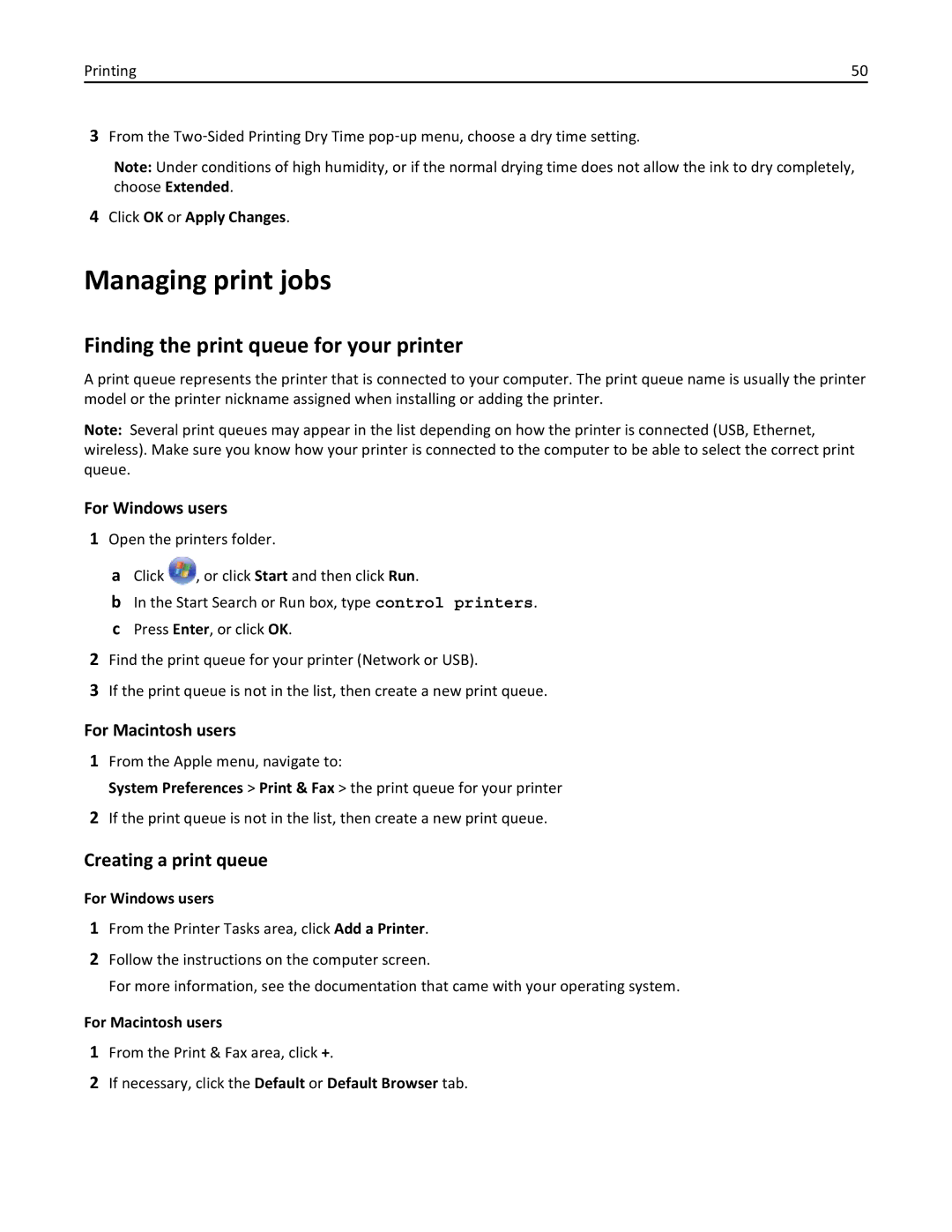 Lexmark 20E, 200 manual Managing print jobs, Finding the print queue for your printer, Creating a print queue 