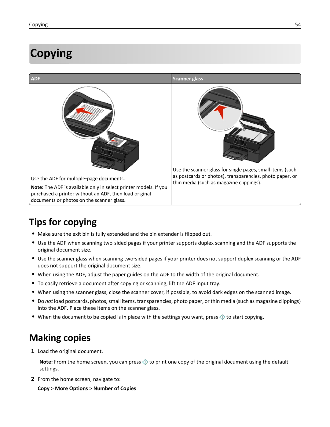 Lexmark 20E, 200 manual Copying, Tips for copying, Making copies, Copy More Options Number of Copies, Scanner glass 