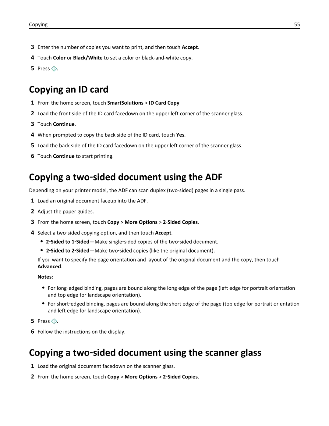 Lexmark 200, 20E manual Copying an ID card, Copying a two‑sided document using the ADF, Touch Continue 