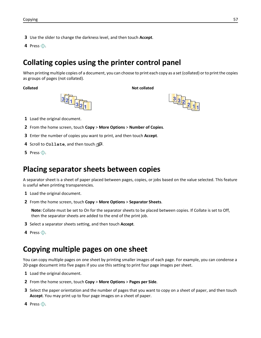 Lexmark 200, 20E manual Collating copies using the printer control panel, Placing separator sheets between copies 