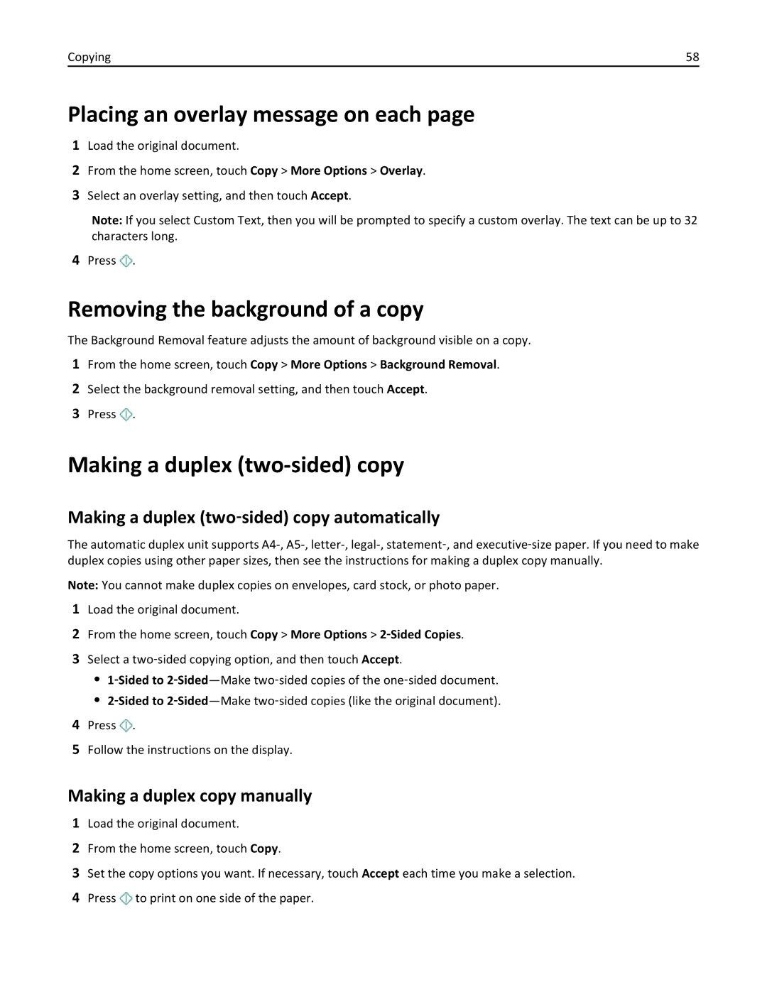 Lexmark 20E, 200 Placing an overlay message on each, Removing the background of a copy, Making a duplex two-sided copy 