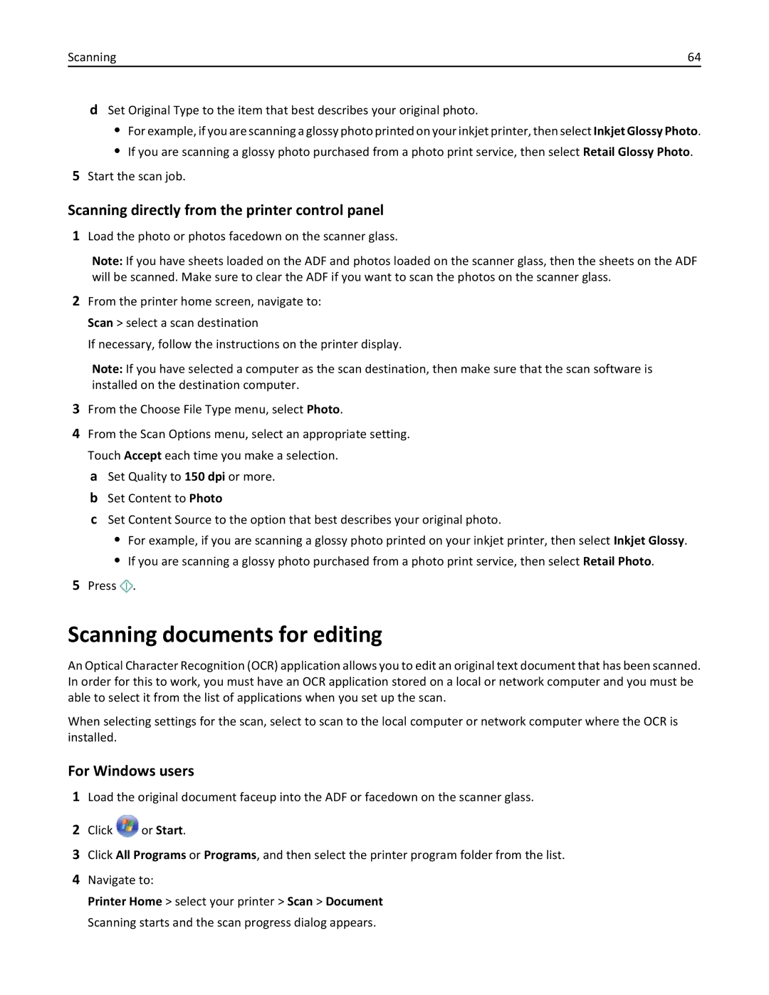 Lexmark 20E, 200 manual Scanning documents for editing, Scanning directly from the printer control panel 