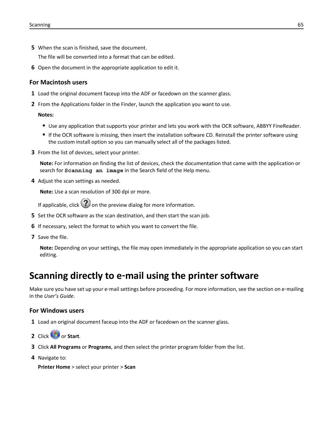 Lexmark 200, 20E manual Scanning directly to e‑mail using the printer software 