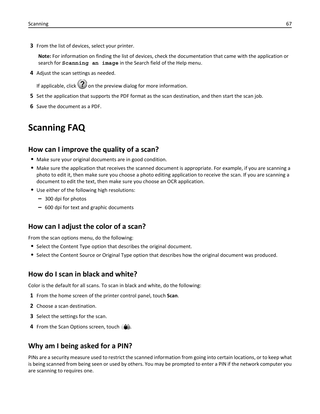 Lexmark 200, 20E manual Scanning FAQ, How can I improve the quality of a scan?, How can I adjust the color of a scan? 