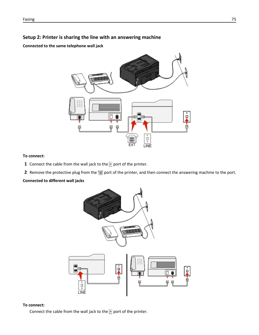 Lexmark 200, 20E manual Connected to the same telephone wall jack To connect, Connected to different wall jacks To connect 