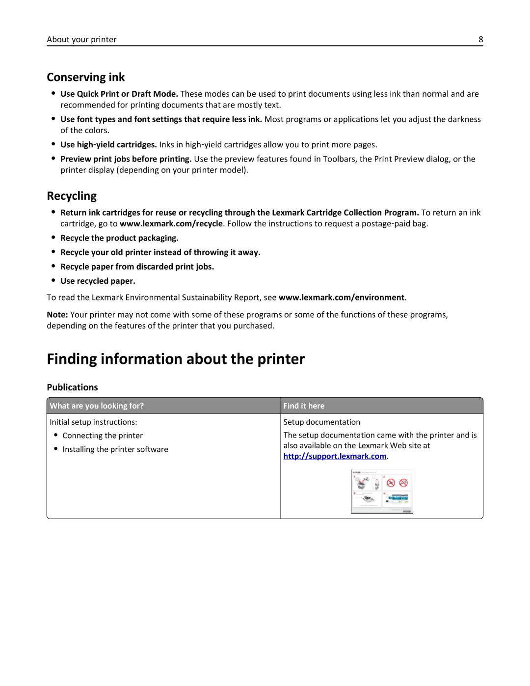 Lexmark 20E, 200 manual Finding information about the printer, Conserving ink, Recycling, Publications 