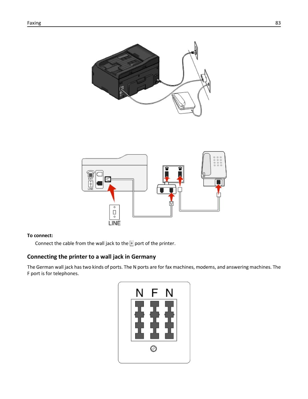 Lexmark 200, 20E manual Connecting the printer to a wall jack in Germany 