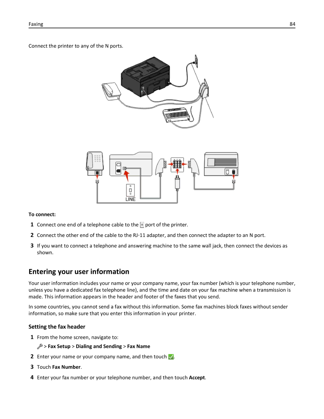 Lexmark 20E, 200 manual Entering your user information, Setting the fax header, Fax Setup Dialing and Sending Fax Name 