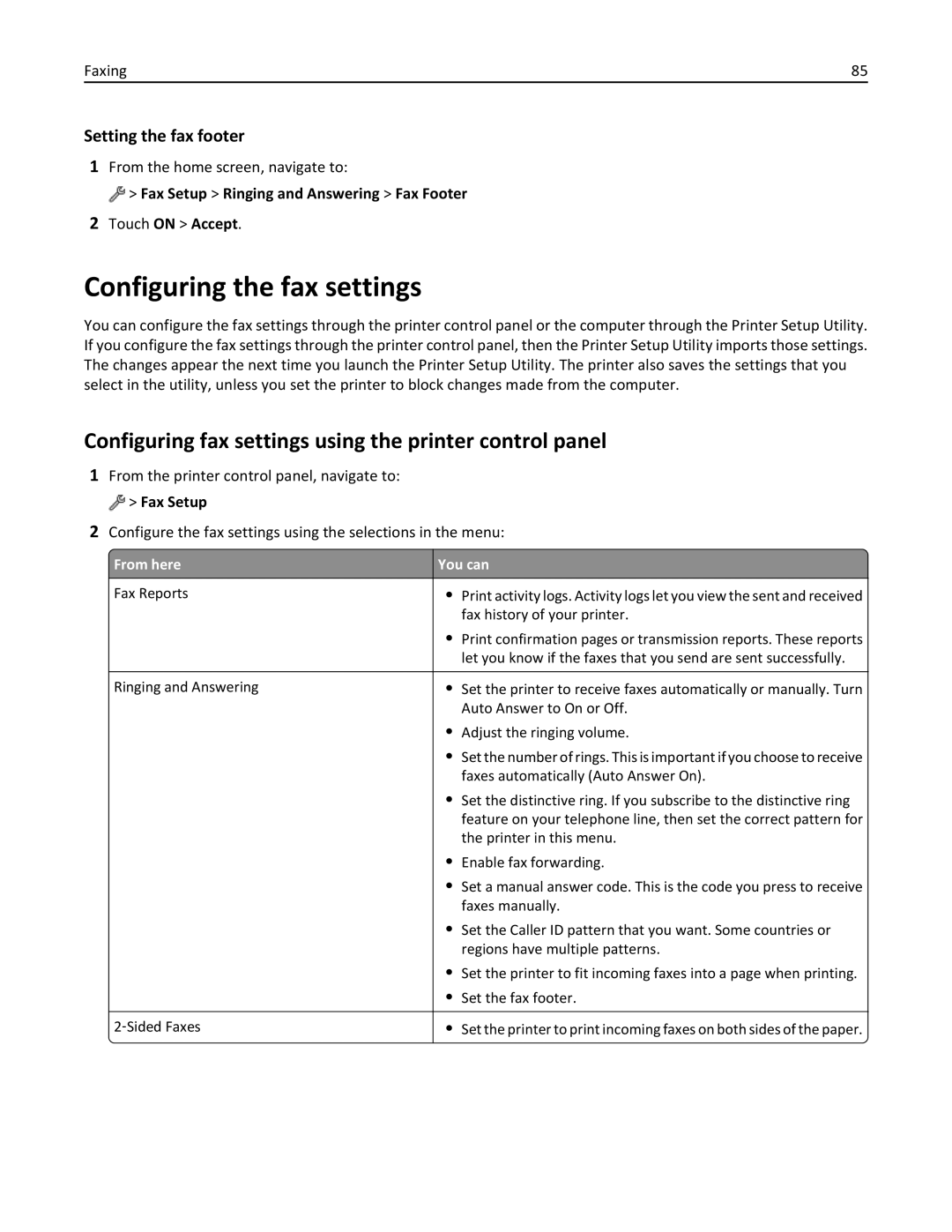 Lexmark 200 Configuring the fax settings, Configuring fax settings using the printer control panel, Setting the fax footer 