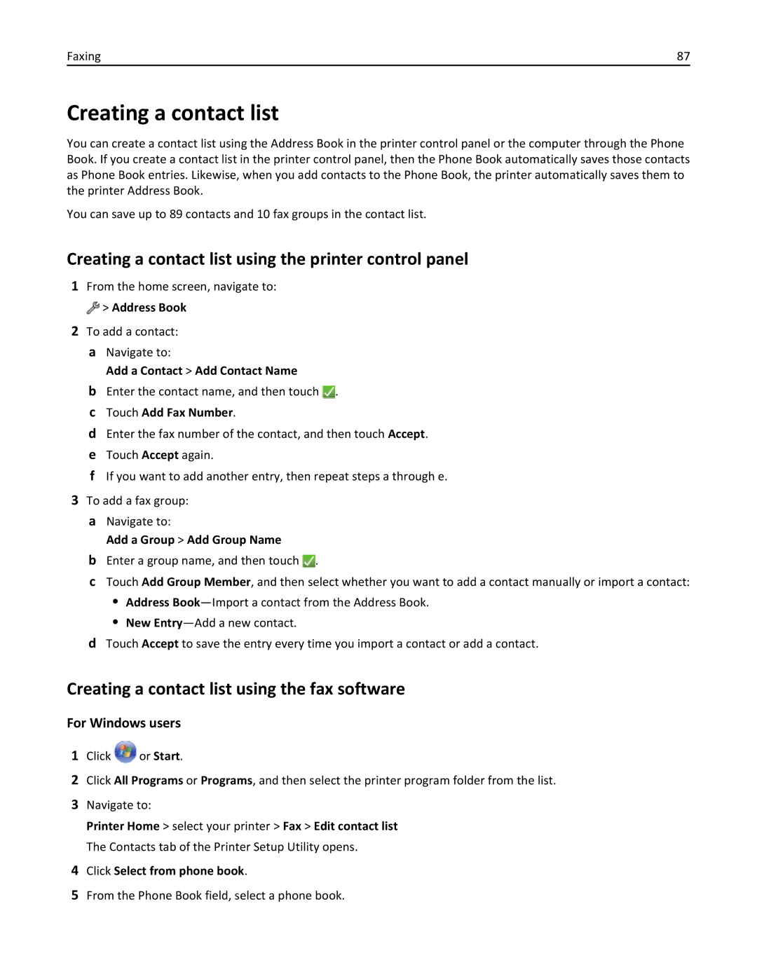 Lexmark 200 Creating a contact list using the printer control panel, Creating a contact list using the fax software 