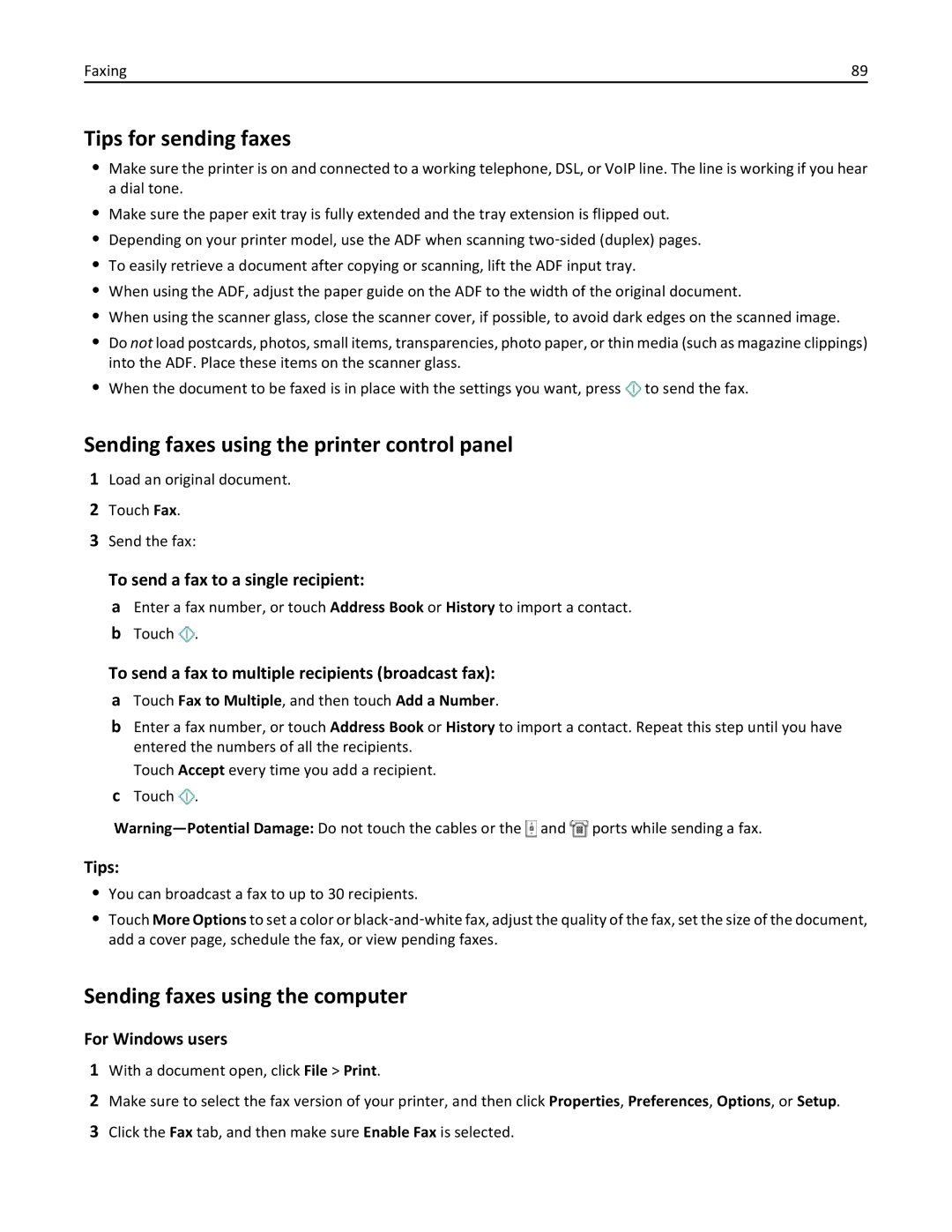 Lexmark 200, 20E Tips for sending faxes, Sending faxes using the printer control panel, Sending faxes using the computer 