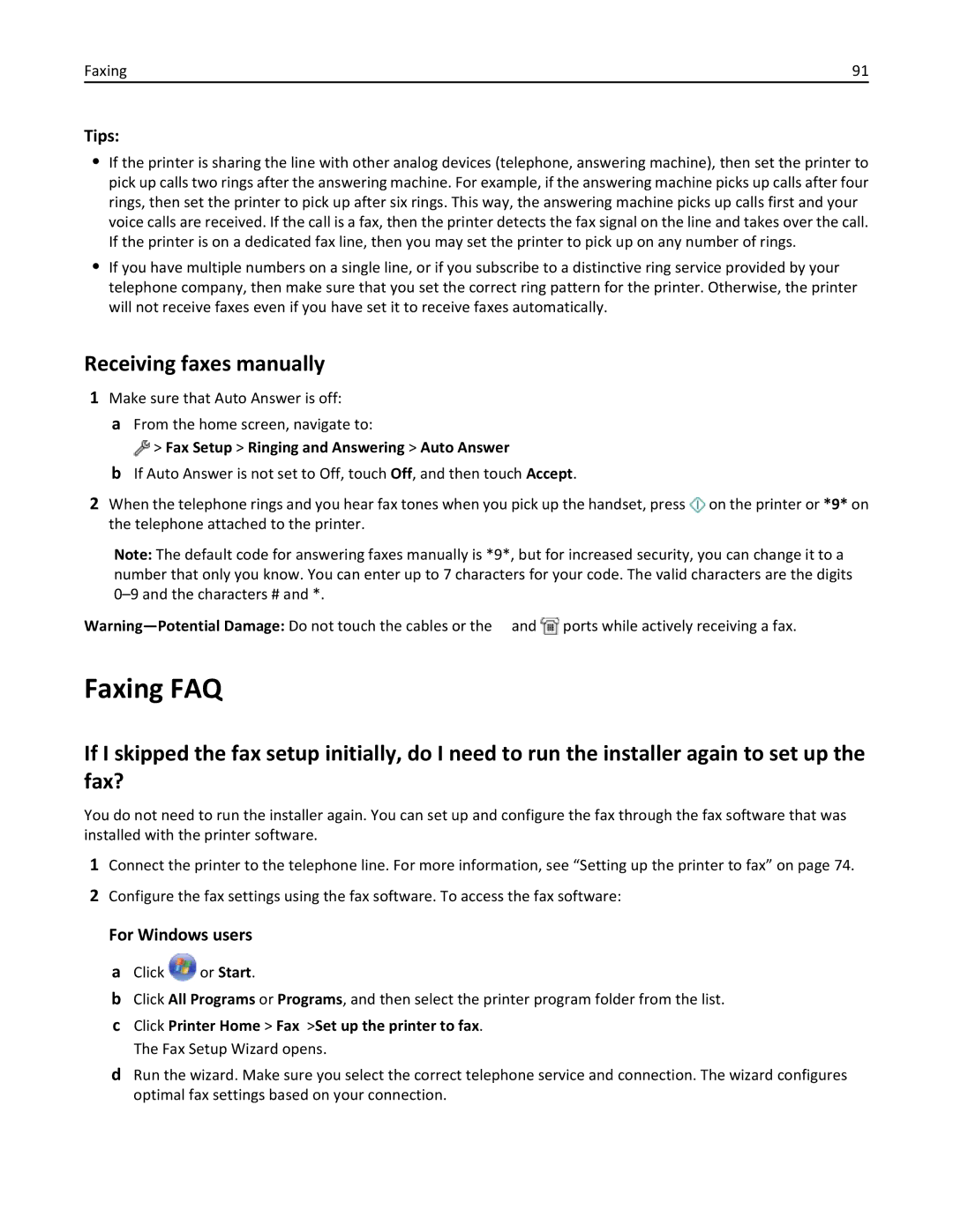 Lexmark 200, 20E Faxing FAQ, Receiving faxes manually, Fax Setup Ringing and Answering Auto Answer 