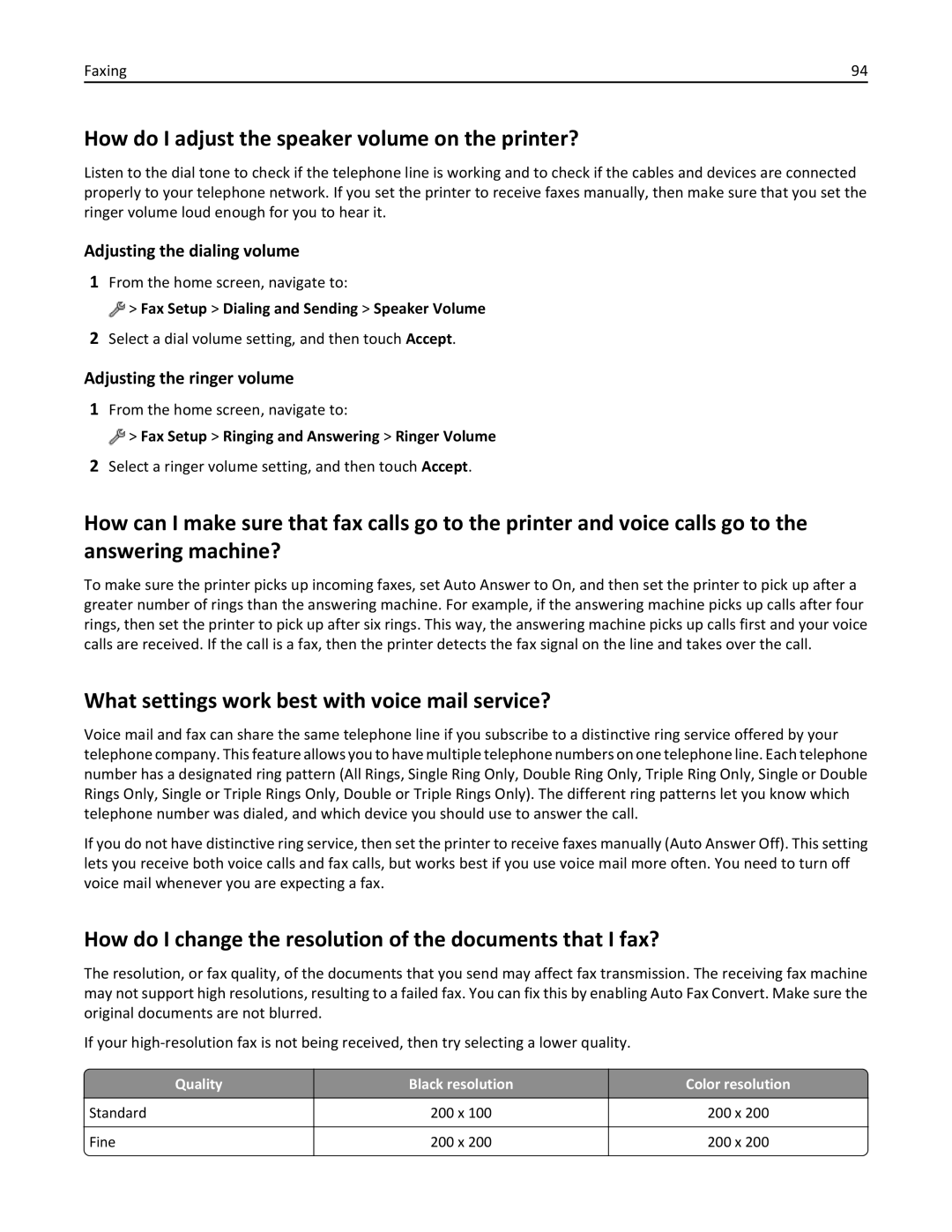 Lexmark 20E, 200 manual How do I adjust the speaker volume on the printer?, What settings work best with voice mail service? 