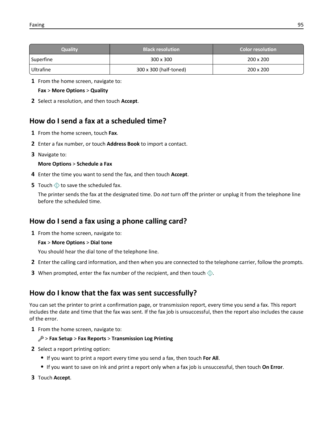 Lexmark 200, 20E manual How do I send a fax at a scheduled time?, How do I send a fax using a phone calling card? 