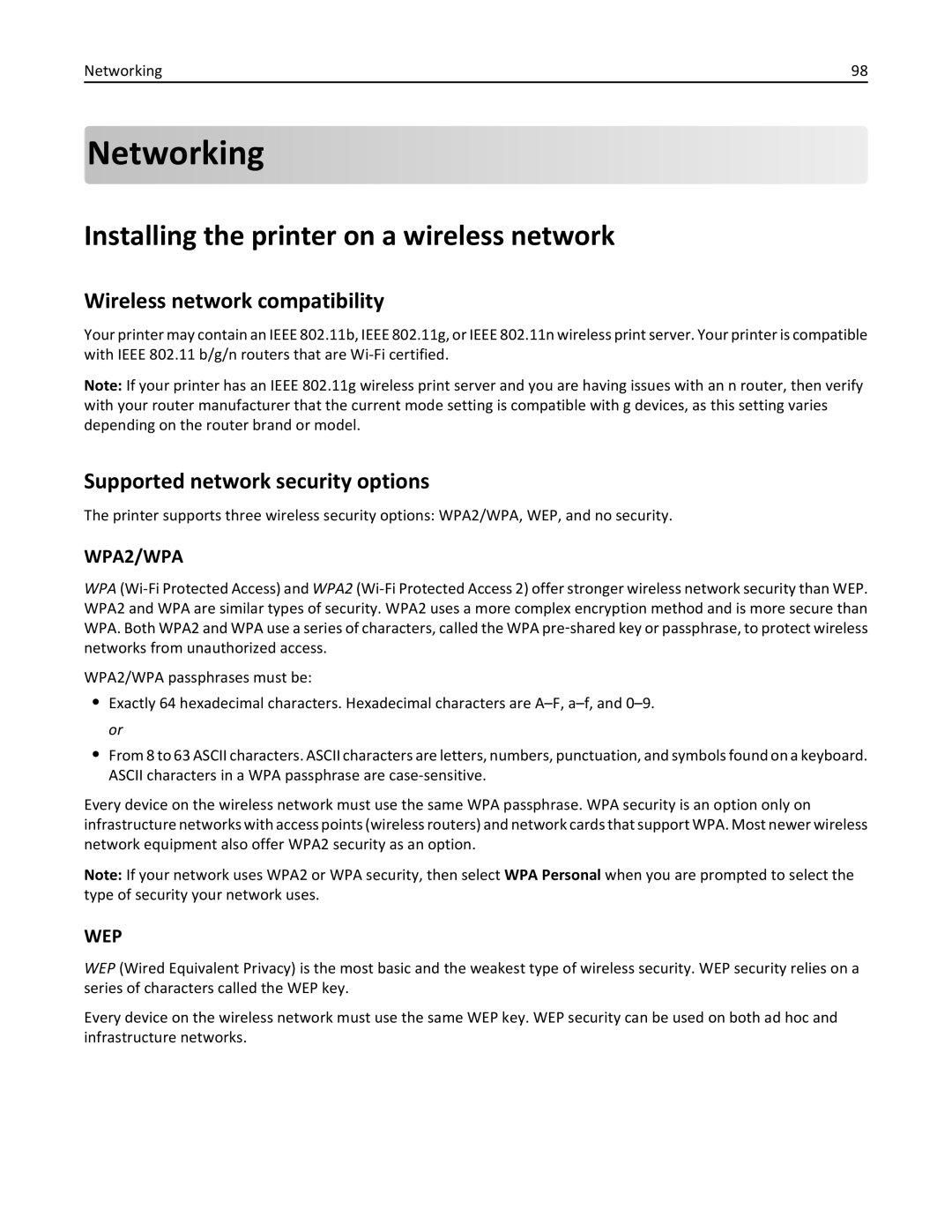 Lexmark 20E, 200 manual Networking, Installing the printer on a wireless network, Wireless network compatibility 